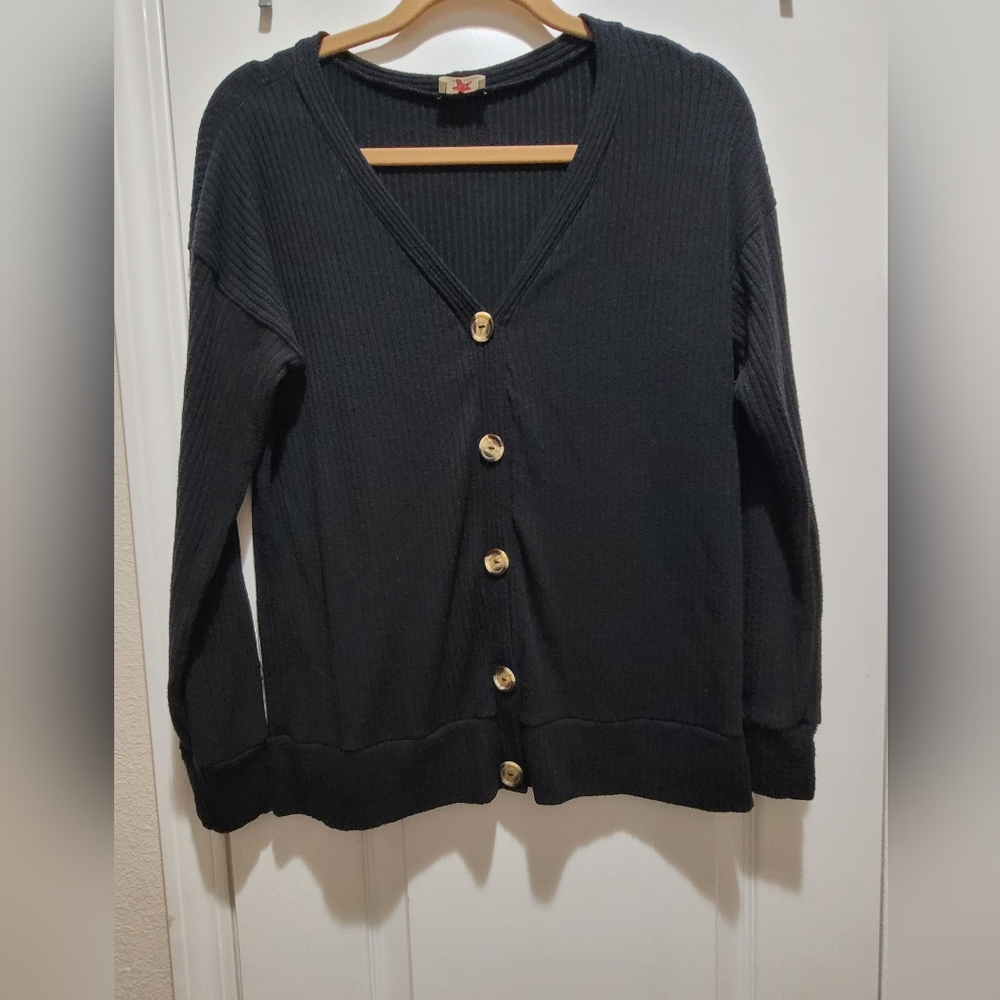 Button Up Black Ribbed Knit Cardigan Sweater V-Neck, GUC